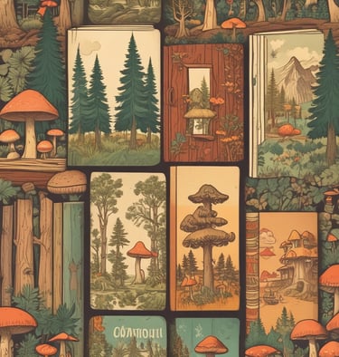 An open digital tablet displaying a colorful foraging guide with hand-drawn forest plants.