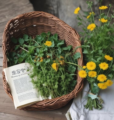 An open digital tablet displaying a colorful foraging guide with hand-drawn forest plants.