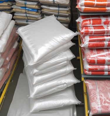 Various food packaging bags and cooking papers arranged artistically on a kitchen surface.