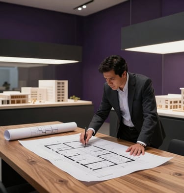 A modern architectural studio in Mexico / Latin America with a civil engineer examining detailed blueprinted floorplans on a large wooden table. In the background, sleek architectural scale models illuminated by soft, bright lighting. Professional corporate photography, clean composition, dark charcoal and muted purple interior accents.