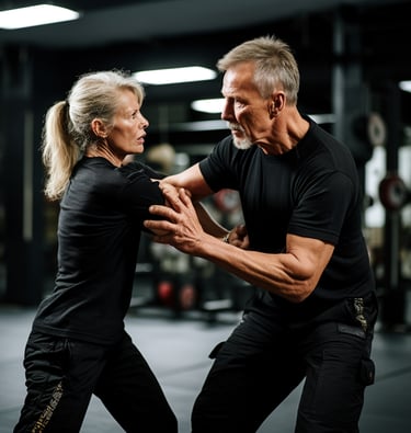 a man and woman doing a krav maga