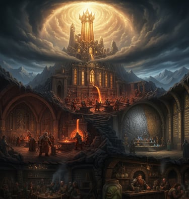 A cutaway illustration of the dwarven city, Hammerdeep, showing its many levels. At the top, the Sun
