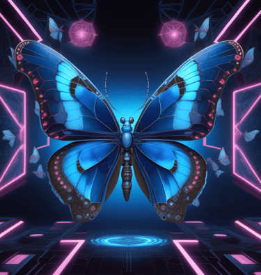 a blue butterfly butterfly in a neon - lit room