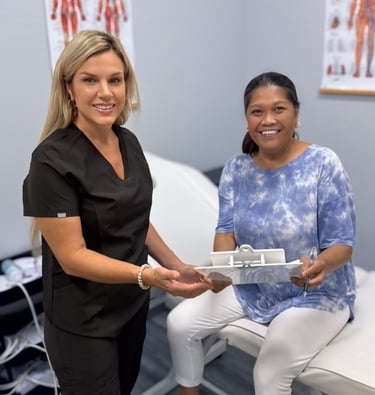 a woman in a doctor's office receiving a checkered checklist
