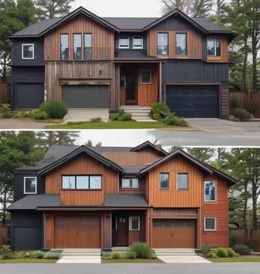 Before and after of a freshly painted Vancouver home exterior in red, blue, and white tones.