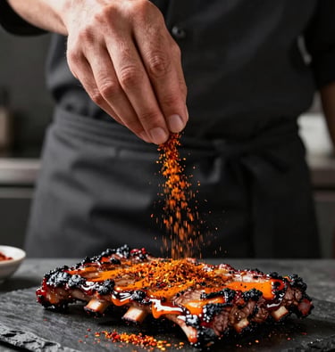 Close-up food photography of a chef's hands in a modern North American / US kitchen sprinkling freshly ground suya spice onto slow-smoked beef ribs. Soft ambient lighting highlights the glisten of burnt orange barbecue glaze and rich deep red seasonings against a dark charcoal stone backdrop.