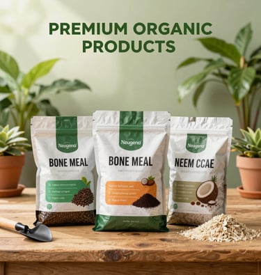 Nourish Organic fertilizer packets and liquid bottle sitting in garden soil among green houseplant leaves.