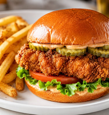 Crispy fried chicken sandwich with pickles, lettuce, and tomato served with a side of golden french fries.