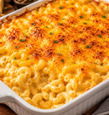A white baking dish filled with creamy baked macaroni and cheese featuring a golden brown toasted crust.