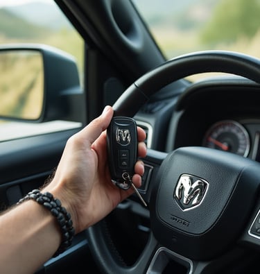 Person holding key fob inside truck