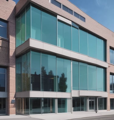 Modern glass facade reflecting a clear blue sky.