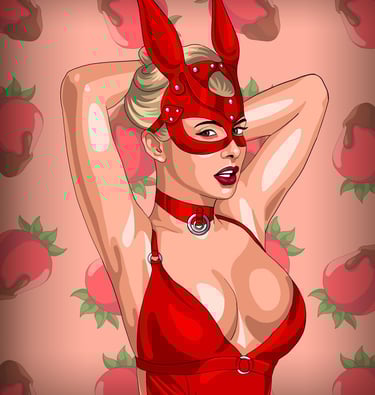 Red leather mask with bunny ears and collar for kink and role play.