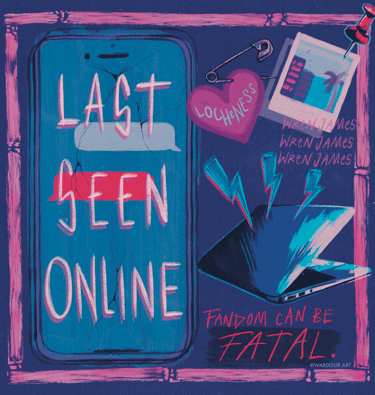 An illustration of a cracked smartphone, a laptop and a polaroid of a beach. Text says, 'last seen online, Wren James'.