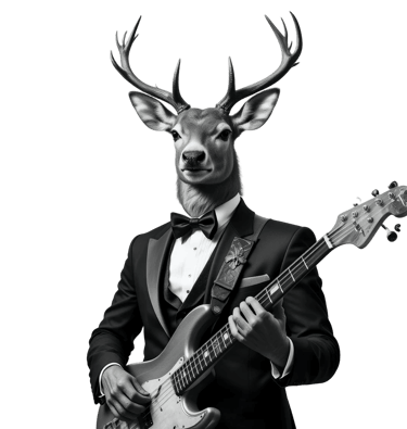 Hjort i kostym spelar elgitarr som metafor för lagarbete