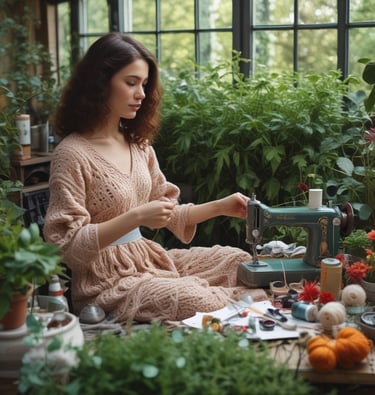 A close-up of eco-friendly gifts wrapped in natural materials, surrounded by greenery.