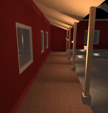 Modelo de corredor con luz indirecta en pilares