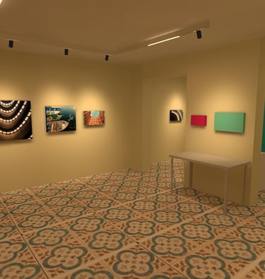 Sala de exposiciones con proyectores apuntando a los cuadros