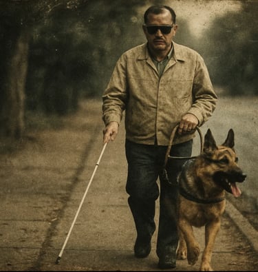 Chien qui guide un malvoyant pour la journée internationale des chiens guides
