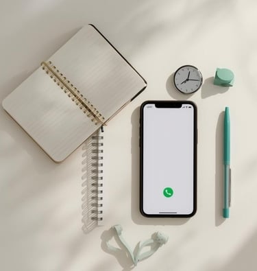 Flat lay with phone showing incoming call, notebook, and pen — symbolizing a travel discovery call