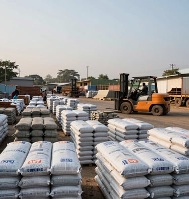 Wide shot of a Goregaon construction materials yard, organised rows of TMT bundles and cement bags under clear morning sky, forklift visible in background, no posed workers, documentary framing