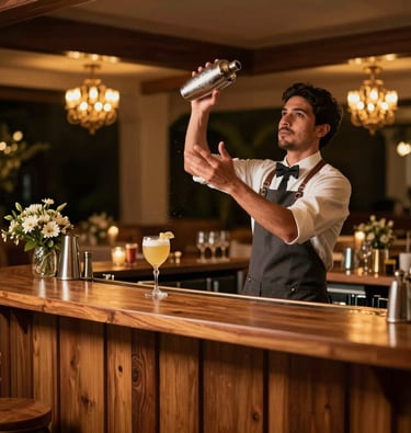 A luxury private wedding reception in Brazil, elegant wooden bar setup, professional bartender in a custom dark apron throwing a cocktail shaker in mid-air, sparkling warm golden lights in the background.