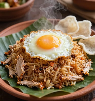 A close-up food photograph of authentic Indonesian Javanese fried rice, Nasi Goreng Jawa, served steaming hot on a clay plate lined with a fresh banana leaf, topped with a fried egg, shredded chicken, and crispy white crackers, capturing a delicious and warm culinary tradition.