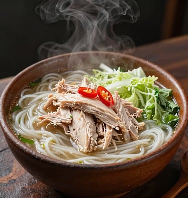 Steaming hot bowl of authentic Javanese noodle soup, Mie Godog, served in a rustic brown clay bowl with thick chicken broth, shredded chicken, cabbage, and red bird's eye chilies.