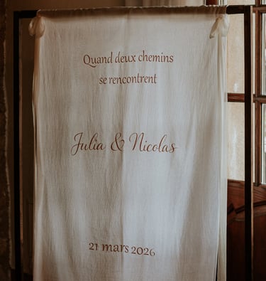 panneau d'accueil sur tissu en coton personnalisé mariage var