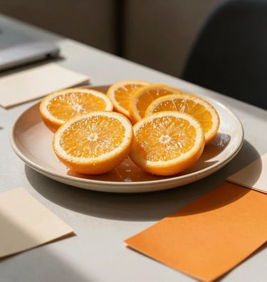A close-up photograph of a sleek workplace setting in a North American / US studio, featuring fresh organic citrus sliced on a natural ceramic plate alongside design swatches in warm cream and bright orange tones, lit by soft afternoon sunlight.