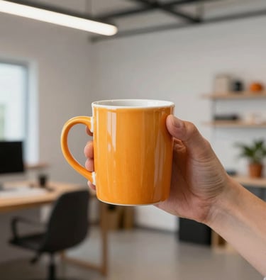A close-up of a web creator holding a citrus orange mug in a bright contemporary North American / US creative studio space.
