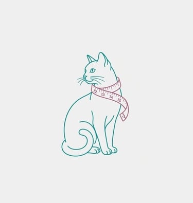 Imagen minimialista de un gato sentado que tienen una cinta métrica para medirle la circunferencia del cuello