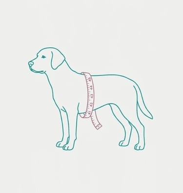 Imagen minimalista de un perro que esta de pie y tiene una cinta metrica para medir su pecho
