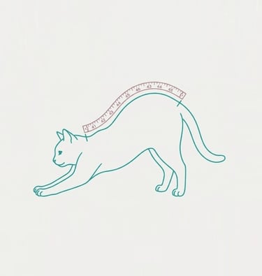 Imagen minimalista de un gato que se está estirando y tiene una cinta metrica para medir el largo de su espalda