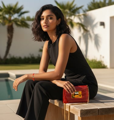 Elegant woman in a black jumpsuit holding a luxury red croc-embossed leather handbag by a sunny pool.