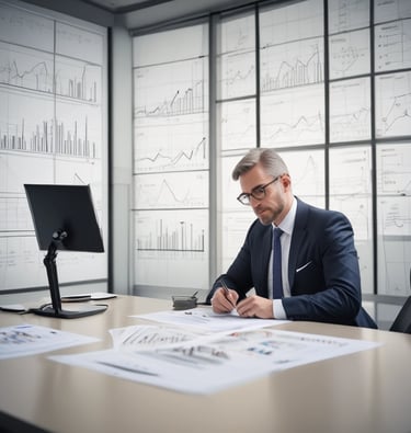 A focused business meeting where a team discusses growth strategies using charts and laptops.