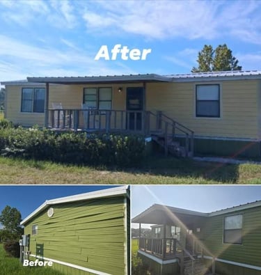 Before-and-after exterior view of a residential home with updated siding and porch.