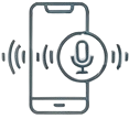 Line icon of a smartphone with a microphone symbol for voice command and speech recognition.