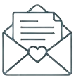 Line art icon of an open envelope with a letter and a heart seal representing email marketing.