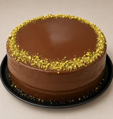 pastel de chocolate con decoraciones de pistache en una base negra.