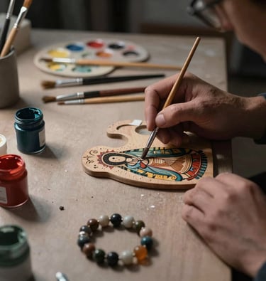 A detailed close-up photograph in an art workshop in Latin America / Chile showing an artisan workbench with delicate paintbrushes, tempera paint containers, color palettes, hand-painted wooden virgins, and handcrafted stone bracelets. Moody, elegant lighting with deep grey shadows and soft warm taupe highlights.