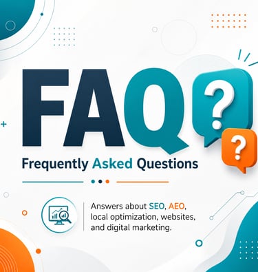 FAQ graphic with speech bubbles for SEO and digital marketing frequently asked questions.