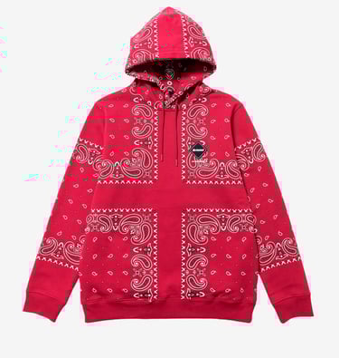 red hoodie with bandana pattern