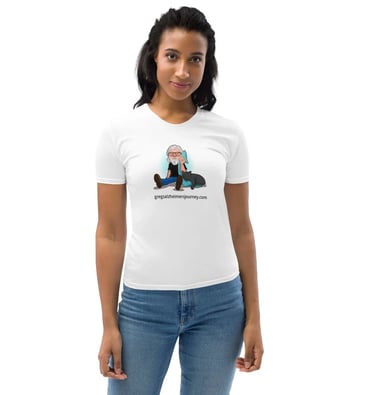 female model wearing white tee shirt with Crazy Cat man logo