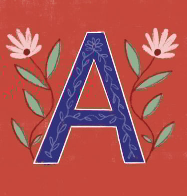 Letter A illustrated with reflecting flowers.