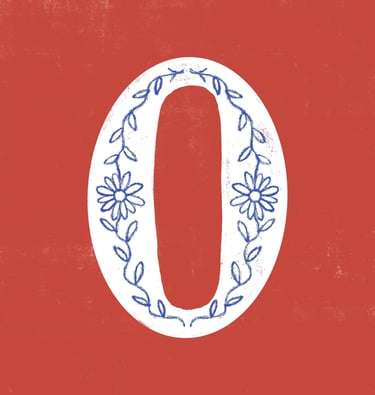 Number 0 illustrated with a flower pattern on a red background..