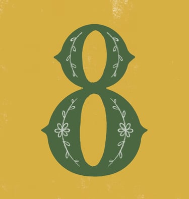 Number 8 illustrated with a flower pattern on a mustard yellow background..