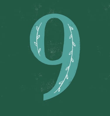 Number 9 illustrated with a leaf pattern on a dark green background..