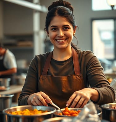 a woman in a apron is smiling and holding a knife and fork