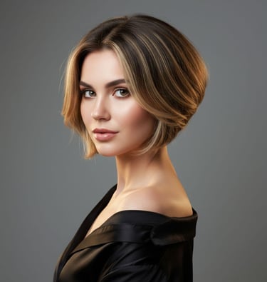 a woman with a short haircut and a black dress