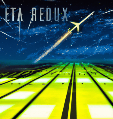 a jet flying over a green runway single cover artwork for ETA Redux
